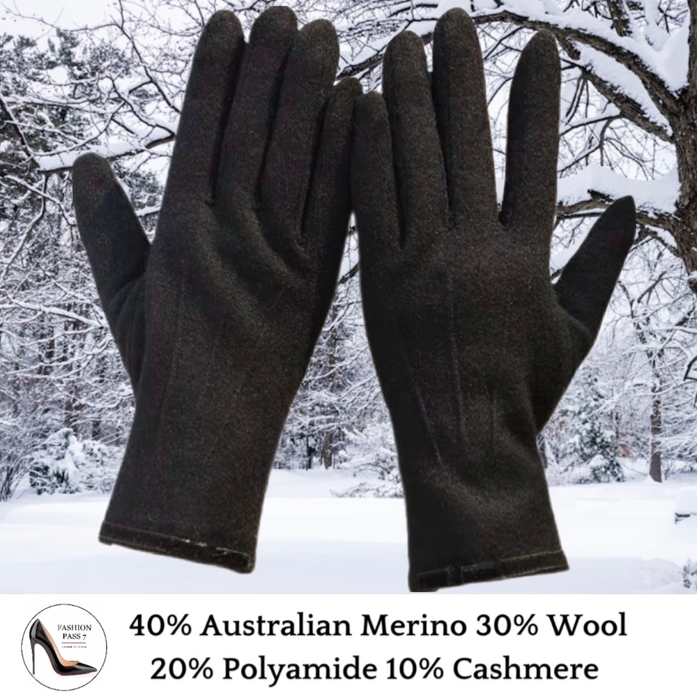 Luxury Cashmere Merino Wool Gloves Classic Black Winter Warm Gloves with bow